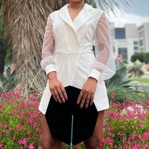 Shein white romper with puff sheer sleeves